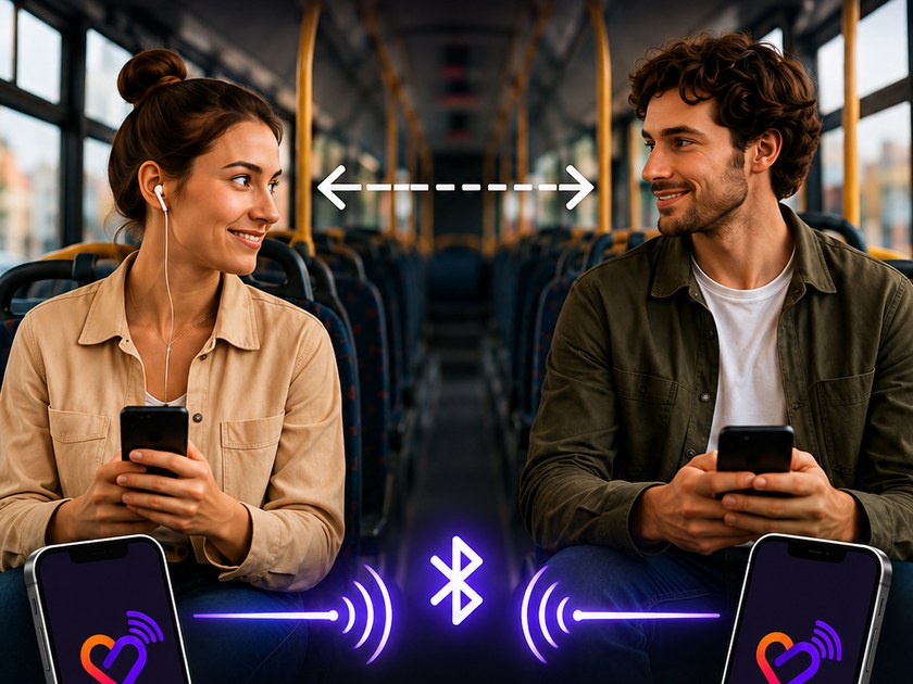 On a bus, two people glance at each other, phones in hand; a Bluetooth wave links their devices.