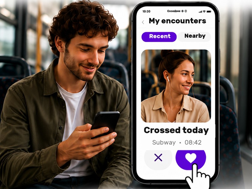 The “My encounters” screen shows the profile of someone crossed today on the subway at 08:42, with a pass button and a heart button to send a like.