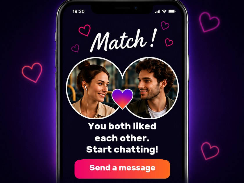 The match screen brings both photos together around a heart, with the message “You both liked each other. Start chatting!” and a button to send a message.