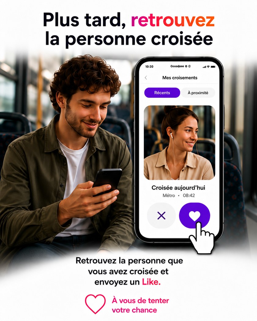 Plus tard, retrouvez la personne croisée — l'écran « Mes croisements » montre le profil d'une personne croisée aujourd'hui dans le métro à 8 h 42, avec un bouton pour passer et un bouton cœur pour envoyer un like.