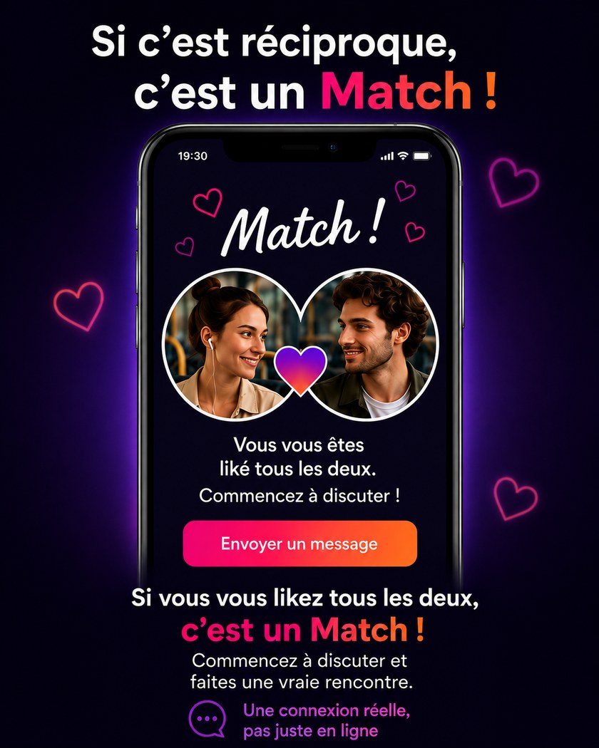 Si c'est réciproque, c'est un Match — l'écran de match réunit les deux photos autour d'un cœur, avec le message « Vous vous êtes liké tous les deux » et un bouton pour envoyer un message.